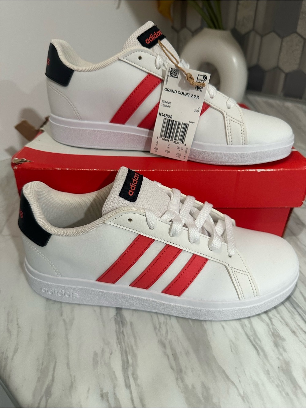 adidas Kids White Sneakers with Red Stripes